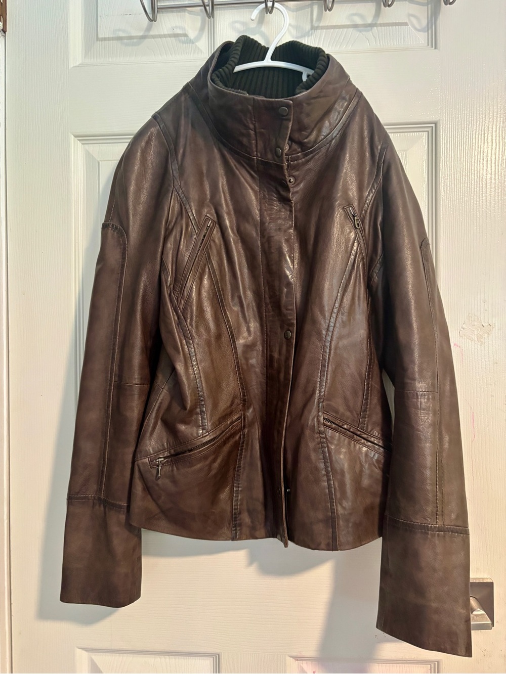 Danier Women's Dark Brown Leather Jacket with High Collar